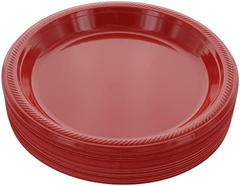 Amcrate Disposable Plastic Plates Red, 10.4 Inches Plastic Dinner Plates, Strong and Sturdy Disposable Plates for Party, Dinner, Holiday, Picnic, or Travel Party Plates, Pack of 50