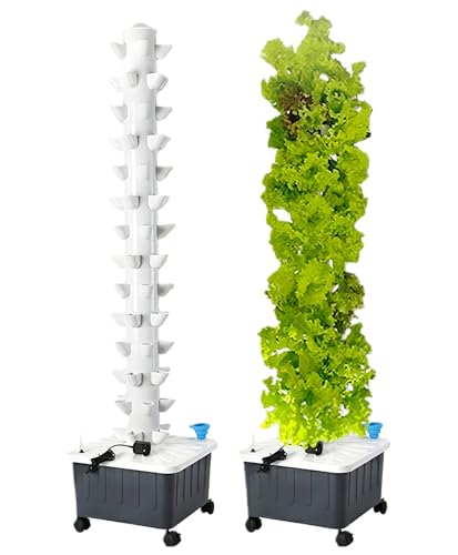 TIRUSS Vertical Hydroponics Growing System,Aeroponic Grow Tower for Herbs, Fruits and Vegetables 14 Layer 70 Plants Sites with Movable Water Tank Hydrating Pump, Timer, Adapter