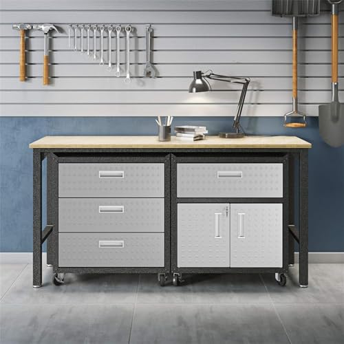 Image of Manhattan Comfort Fortress 3-Piece Textured Garage Storage Set, Includes Mobile Metal Cabinet Chests and Worktable, Space-Saving Design, 25 Gauge Metal, Lockable Wheels, 5.0 Series, Grey