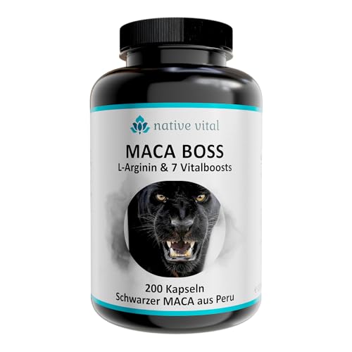 Maca Boss, Maca negra de Perú con L-arginina, magnesio y mucho más, 200 cápsulas, vegano