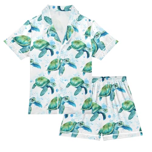 Sea Turtle Pattern Summer Satin Pajama Set, Cute Button-Down Sleepwear Pj Set for Sleep Wears