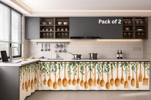 Image of Decorative Sink Curtain for Kitchen | Pack of 2 | 150x70 cm Under-Sink Cover | Printed Fabric Panel with Rod Pocket | Washable Storage-Hiding Curtain for Modern Home Decor (Spoon)