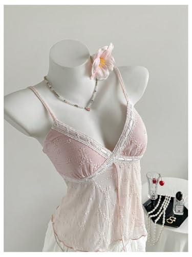 Milumia Women's Y2k Floral Lace Trim Sheer Cami Top V Neck Spaghetti Strap Summer Tops4