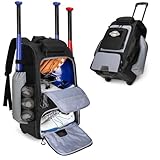 GOBUROS Rolling Baseball Backpack with Wheels, Softball Catchers Equipment Bag Holds 4 Bats, Roller Baseball Backpack with Shoe Compartment and Multiple Pockets for Baseball Gear with Fence Hooks