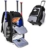 GOBUROS Rolling Baseball Backpack with Wheels, Softball Catchers Equipment Bag Holds 4 Bats, Roller Baseball Backpack with Shoe Compartment and Multiple Pockets for Baseball Gear with Fence Hooks