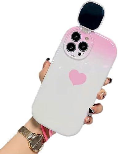 HPHER Gradient Pink White Heart Phone Case Compatible with iPhone 13 Pro Max Women Girls Case with Cute Girly Flip Mirror Makeup Camera Protection Soft Silicone Bumper,Hybrid
