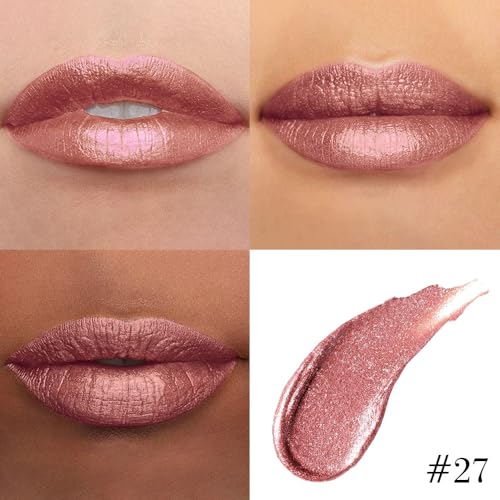 Image of evpct Nude Gold Metallic Glitter Lip Liner and Lipstick Combo Lip Gloss Stain Set Makeup for Women Long Lasting Waterproof 24, Non Stick Cup Metal Shine Shiny Shimmer Iridescent Liquid Lipstick 27