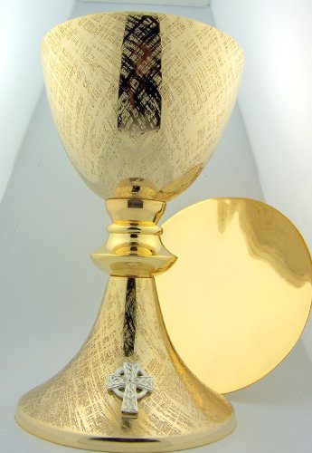 Big 8 1/4" Church Chapel Gold Gilded Priest Celtic Chalice & Paten Pastor Gift