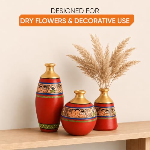 Image of Aakriti Art Creations Vase Earthen Red Madhubani Set of 3 | Hand-Painted Terracotta Flower Vases | Matte Finish Decorative Vases for Living Room, Table Decor & Gifting