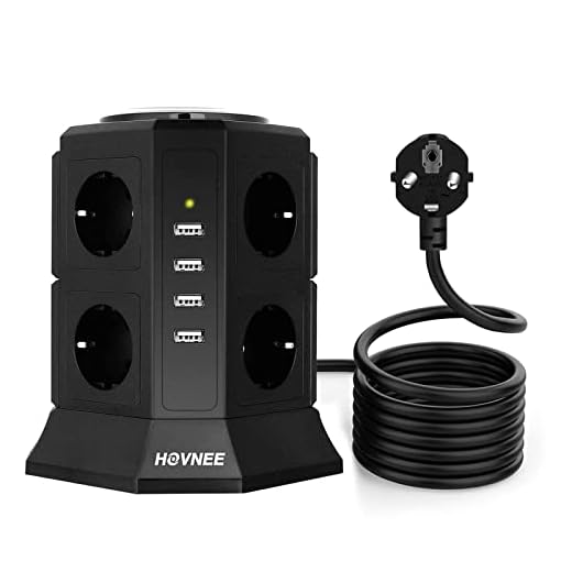 HOVNEE Regleta Vertical Torre Enchufes proteccion sobretension de 8 Tomas Corrientes y 4 Rápida USB Tomas, Cable de extensión de seguridad de 2m y Interruptor, Tapón de Seguridad, 2500W/10A