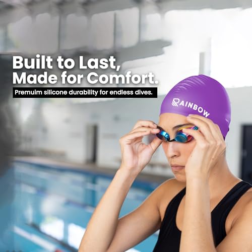 Image of Rainbow Silicone Swimming Cap for Men, Women & Kids | Stretchable Swim Cap for Long & Short Hair | Durable, Waterproof & Comfortable Fit - Purple