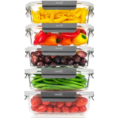 Homiu Glass Food Containers with Lids | Airtight Meal Prep Glass Containers | BPA Free Leak Proof | Reusable Microwave, Freezer Oven Safe Lunch Box | Glass Food Storage Containers (5 Pack)