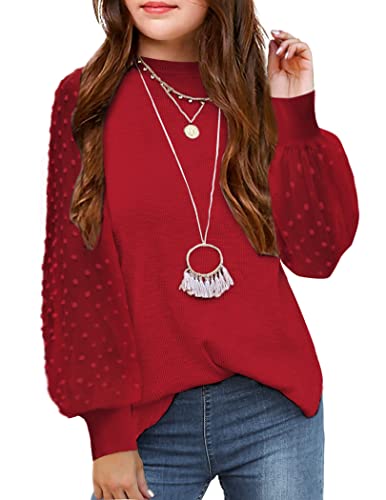Image of Arshiner Girls Puff Long Sleeve Sweaters Crewneck Lace Polka Dot Casual Knit Tops Pullover Jumper Outwear for Kids