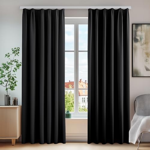 Deconovo Verdunkelnde Vorhänge mit Kräuselband für Schiene Gardinen Schwarz | 2er Set, H 260 x B 140 cm, Thermovorhang Hitzeschutz, Schlafzimmer, Lärmschutz, Wärmehaltung, Wohnzimm