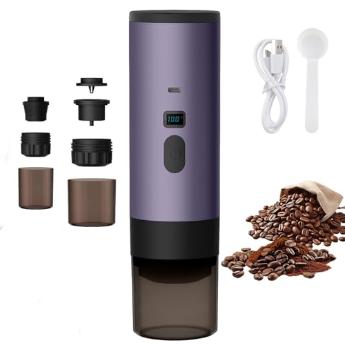 QIAKEFE - Cafetera portátil, 3 en 1 cafetera, 12 V, recargable, café expreso, 90 ml, depósito de agua, compatible con cápsulas y café molido, para oficina, camping y coche (violeta) QIAKEFE - Cafetera portátil, 3 en 1 cafetera, 12 V, recargable, café expreso, 90 ml, depósito de agua, compatible con cápsulas y café molido, para oficina, camping y coche (violeta)