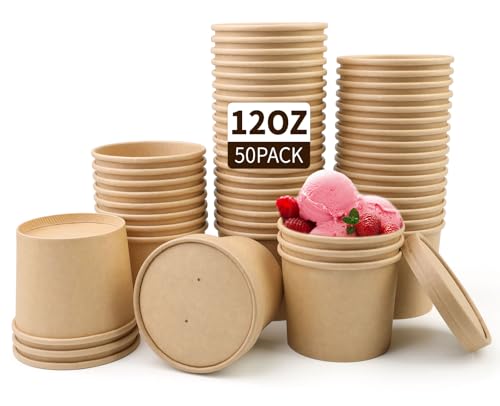 Image of 50 Pack 12oz Soup Cups with Lids Vented Disposable Paper Ice Cream Cups