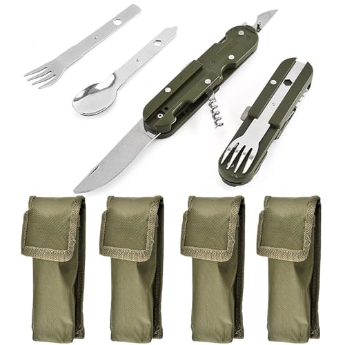NIYATA 4Pcs Couverts De Camping Pliables, Kit Multifonction 5 En 1 Inox, Couteau Cuillère Fourchette Pour Pique-Niques, Randonnée Et Activités Extérieures