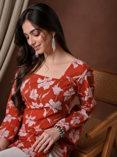 Image of Rayon Floral Print Short Kurti for Women | Square Neck Long Sleeve Top for Women | Criss Cross Back Desing Kurti | Soft Breathable Fabric | Relaxed Fit | Casual and Office Wear