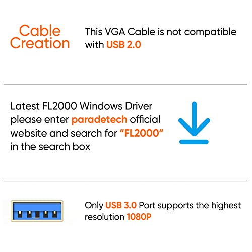 Cablecreation Usb 3.0 To Vga Cable 6 Feet, Usb To Vga 15 Pin Adapter 1080P @ 60Hz, With Built-In Driver Only Support Windows 10/8.1/8 / 7 (No Xp/Vista/Mac Os X), 1.8 M /6Ft,Black #TOP2