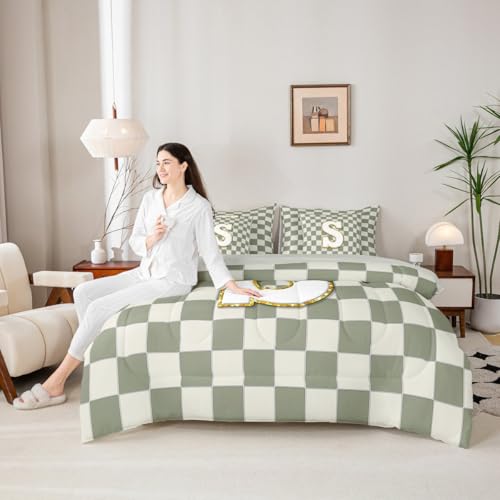 Image of Erosebridal Sage Green Checkered Full Comforter Set with Sheets 7 Piece Plaid Initial S Bed in A Bag Personalized Monogram Bedding Sets for Kids Adults,Fashion Grids Gingham Bed Set