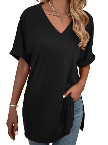 Remidoo Women's Side Slit Rolled Short Sleeve Tee V Neck Loose Fit Tunic T Shirt Top