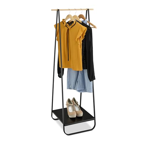 Relaxdays Perchero de Pie Metálico, con Balda, Colgador Ropa, Barra Efecto Madera, 141 x 56 x 45 cm, Negro y Natural, Hierro