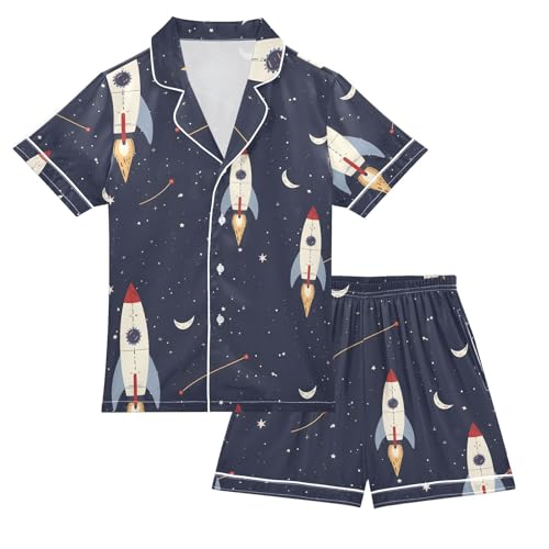 ALAZA Blue Moon Star Planet Pajamas Satin Pajama Set Short Sleeve Button Down Sleepwear