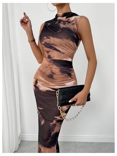 Image of Milumia Women's Printed Mock Neck Bodycon Maxi Dress Sleeveless Mesh Long Dress Party Cocktail