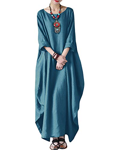 Image of Celmia Autumn Solid Loose Long Maxi Dress Cotton Caftan