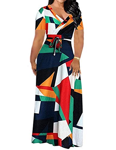 Locryz Womens Short Sleeve V-Neck Wrap Waist Full Length Dress Green