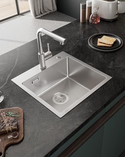 Sofetiy Evier Cuisine 1 Bac 45x45cm, Evier Inox avec Siphon et Trop-plein, Lavabo Cuisine sous Plan, Petit Cuve Simple pour Meubles Bas de 45 cm