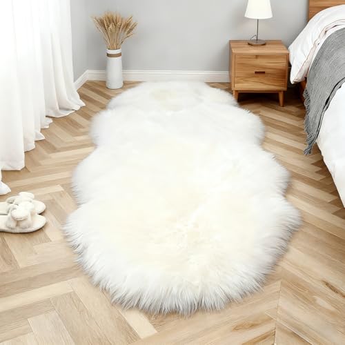 Fluffy Faux Sheepskin Rug - Faux Fur Rugs - 60x120cm Faux Sheepskin Throw Small Rugs Washable Non Slip Soft Shaggy Area Rugs White Fluffy Fur Rug for Bedroom Living Room Sofa Floor Decor (White)