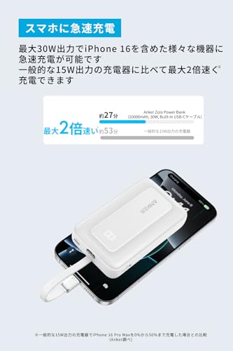 Anker Zolo Power Bank (20000mAh, 30W, Built-In USB-Cケーブル) A1689 の商品画像 2