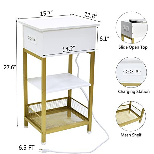 Szlhanjz Modern Nightstand, White Nightstand With Charging Station, Slide Top Bed Side Table With Storage Drawer, 3 Tier Wood & Metal Narrow End Table For Home Apartment Dorm, Gold + White #TOP1