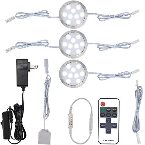 Meigour Kitchen Above Under Cabinet Lights Kit, Linkable Daisy Chained Wired Round LED Puck Light, Wireless Remote Dimmable, 120V to 12V Wall Plug in Counter Lighting Fixture, 3 Lights, Cool White