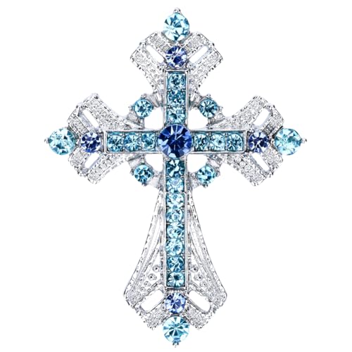 Image of Cross brooches and pins for women Sparkling Aquamarine Clear Crystal Rhinestones Holy Cross Christian Religious Jewelry