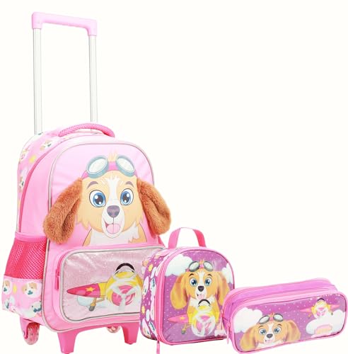 Kit Mochila de Rodinha Lancheira Térmica Estojo Duplo Infantil (Rosa Chiclete/Lilás)