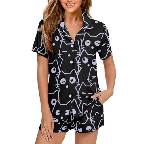 Image of Women's Short Sleeve Sleepwear Button 2 Piece Plus Size Pajamas Casual Soft Stretchy Funny Nightwear with Pockets