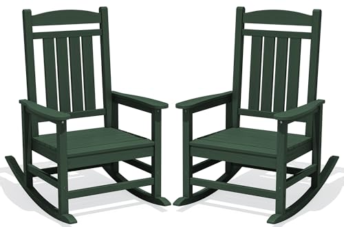 KINGYES Oversized HDPE Outdoor Rocking Chair Set of 2, All-Weather Patio Rocking Chair, Weather Resistant Porch Recliner Rocker for Adults, Dark Green