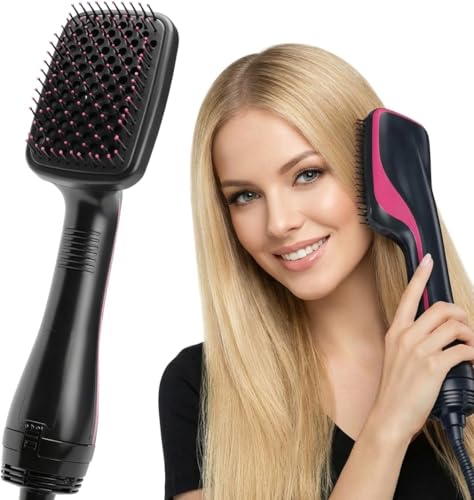3-in-1 Hair Dryer Brush & Hot Air Styling Brush, Hair Straightener Brush for Drying, Straightening & Smoothing, 3 Heat/Speed Settings, Paddle Design for All Hair Types