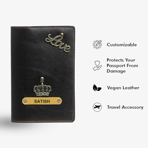 Image of ncgifts Customised Leather Passport Holder: Personalised Name & Charm for Men & Women - Unique Travel Gift, Document Organiser, Boarding Pass Holder, Customised Gifts for Men & Women (Black)
