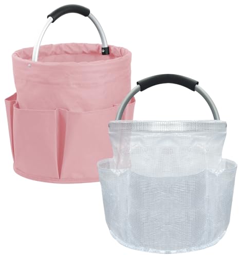 Image of 2Pcs 17L College Shower Caddy for Women, Bathroom Cleaning Caddy with Handle, 600D Oxford Fabric Cleaning Supplies Bucket, Multifunctional Storage Basket for Dorm, Family, Pink + Transparent