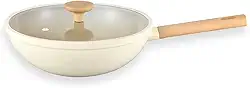 Oikos - Panela Wok Antiaderente Cerâmico 28cm para Fogão por Indução, a Gás, Elétrico e Vitrocerâmico com Borda de Silicone Cor Bege Mou Nata