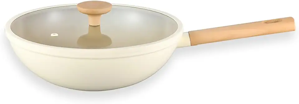 Oikos - Panela Wok Antiaderente Cerâmico 28cm para Fogão por Indução, a Gás, Elétrico e Vitrocerâmico com Borda de Silicone Cor Bege Mou Nata