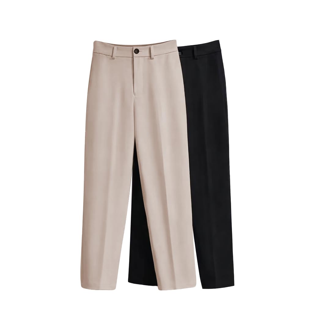 Trousers for Woman Pants Women's Formal Office Korean | Beige Black Track Pant | Straight | Cotton Spandex Stretchable Trouser | High-Waisted Bottom Wear Pack of 2-image-34