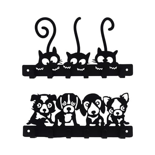 Image of Pet Lover's Combo of Wall Key Holder - Kitty & Pups Design - Premium Matte Black Finish - 6 Hook Key Organizer - Stylish Key Storage - Elegant Wall Mounted Key Rack for Home & Office | Cat Design, Includes Mounting Screws, For Home Use, 6 Hook Hanger, Metal Construction