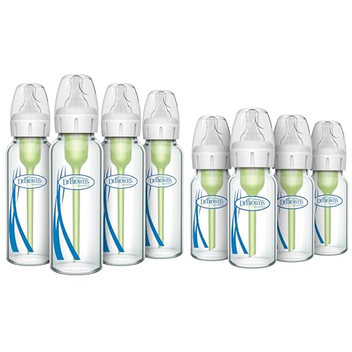 Image of Dr. Brown's Anti-Colic Options + Narrow Glass Baby Bottle with Level 1 Slow Flow Nipple, BPA-Free, 0m+, 4 oz/120mL, 4-Pack + 8oz/250mL, 4-Pack