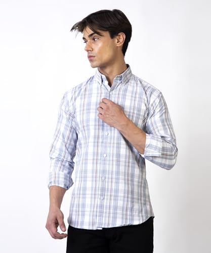 Image of TrapNation Men Regular Fit Checkered Full Sleeves Button Down Collar Casual Shirt (in, Alpha, S, Regular, Grey)