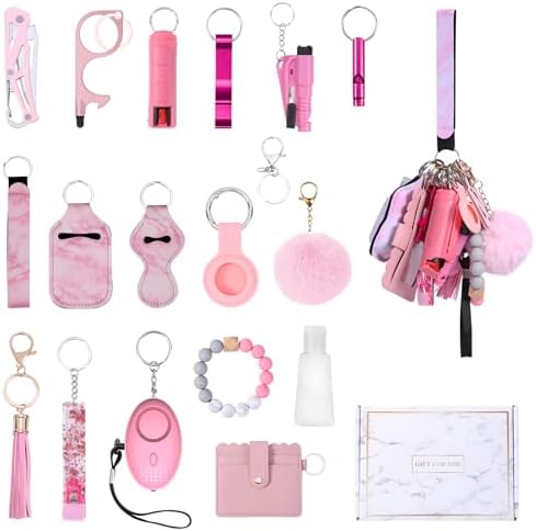 AMIR Safety Keychain Set for Women, Wristlet Strap Keychain with Personal Alarm and Pom Pom Accessories Kit for Women Girls