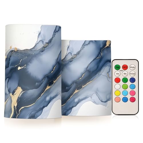 Image of Blue and Gray Gold Marble Flickering Flameless Candles LED Battery Operated with Remote Timer Pillar Candles for Home Birthday Wedding Christmas Decor, Set of 2